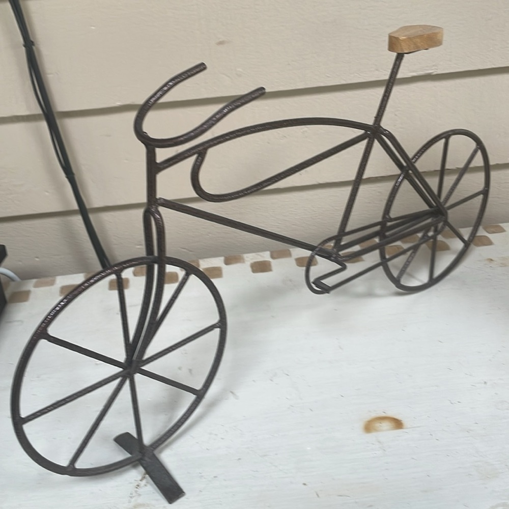 Metal Bicycle Sculpture with Wooden Seat